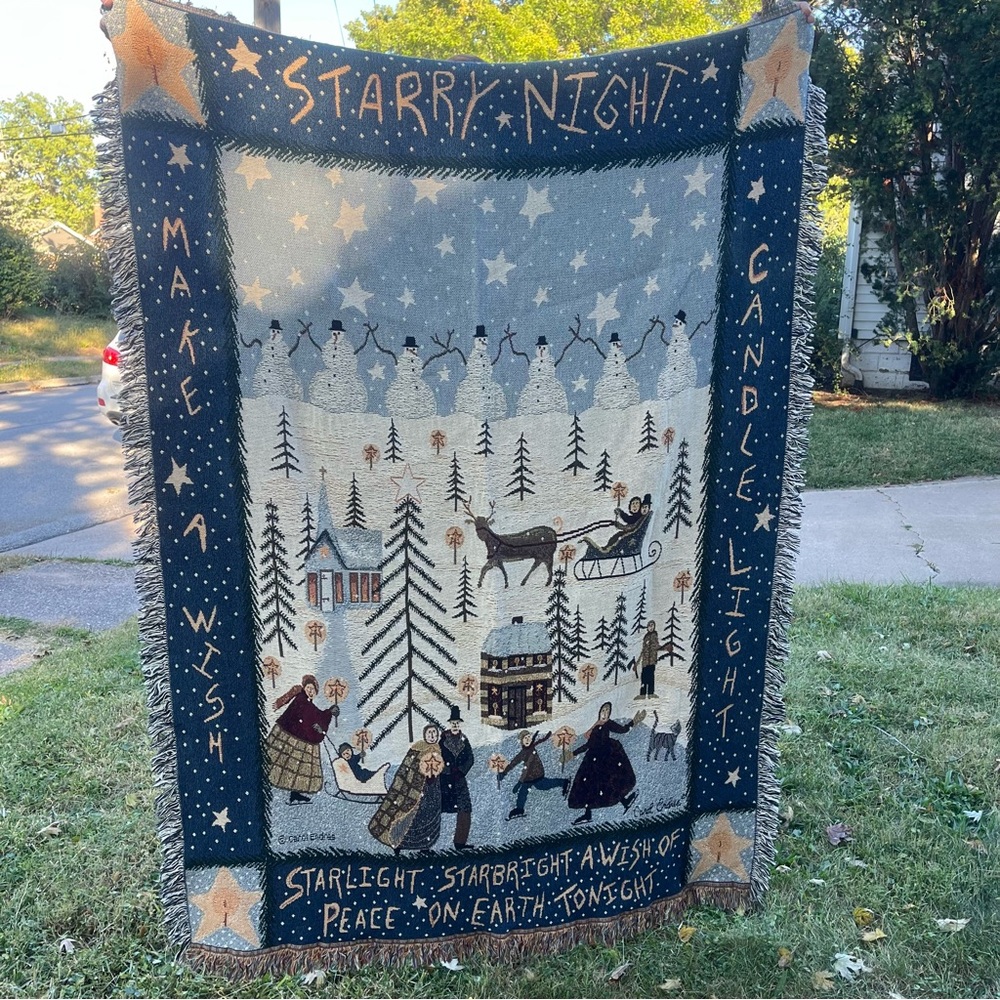 Christmas tapestry Afghan throw 51“x 68“ starry night Carol Endres ice-skating
